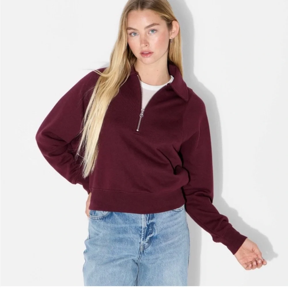 Wild Fable Cropped Quarter Zip Pullover Maroon Burgundy XL - Picture 3 of 10